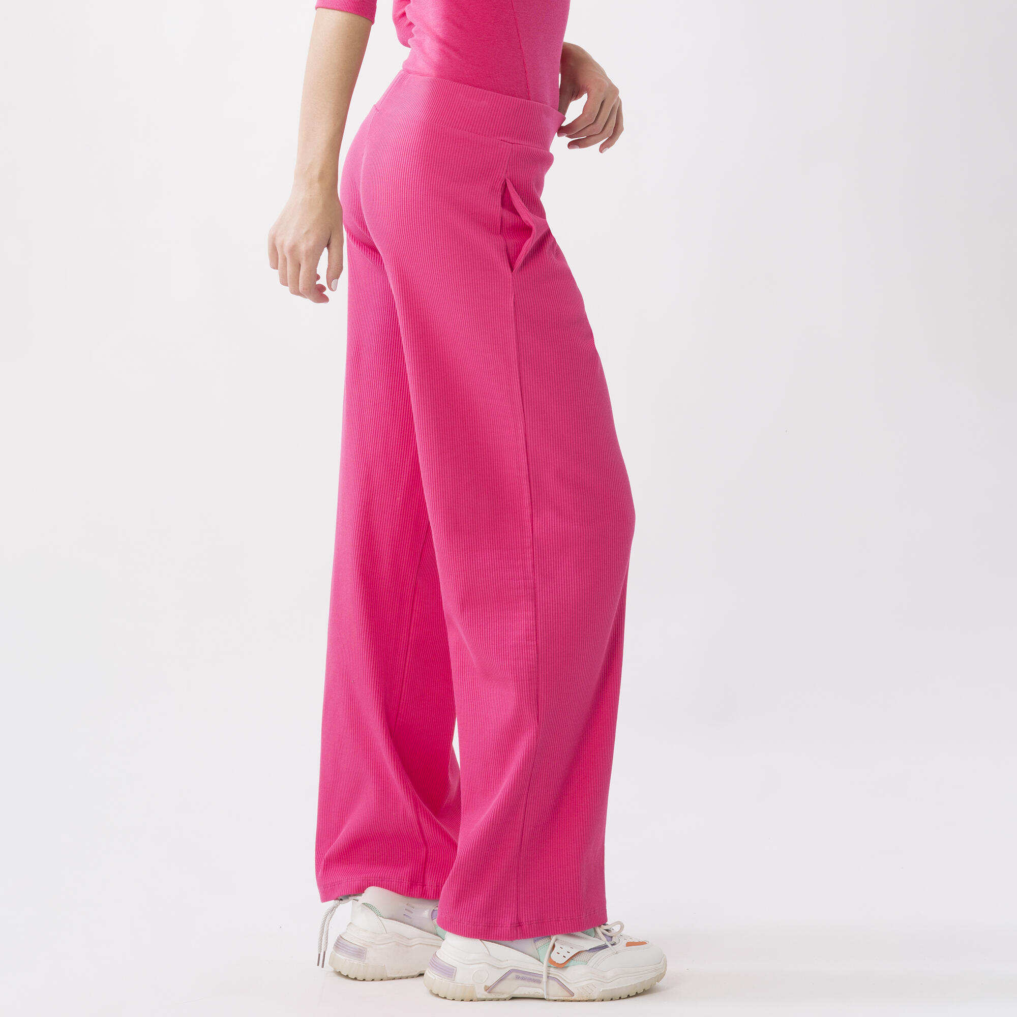 PANTALÓN PALAZZO EN COSTILLAS ELÁSTICAS Rosa fuerte ALGODÓN, ELASTANO 3/6