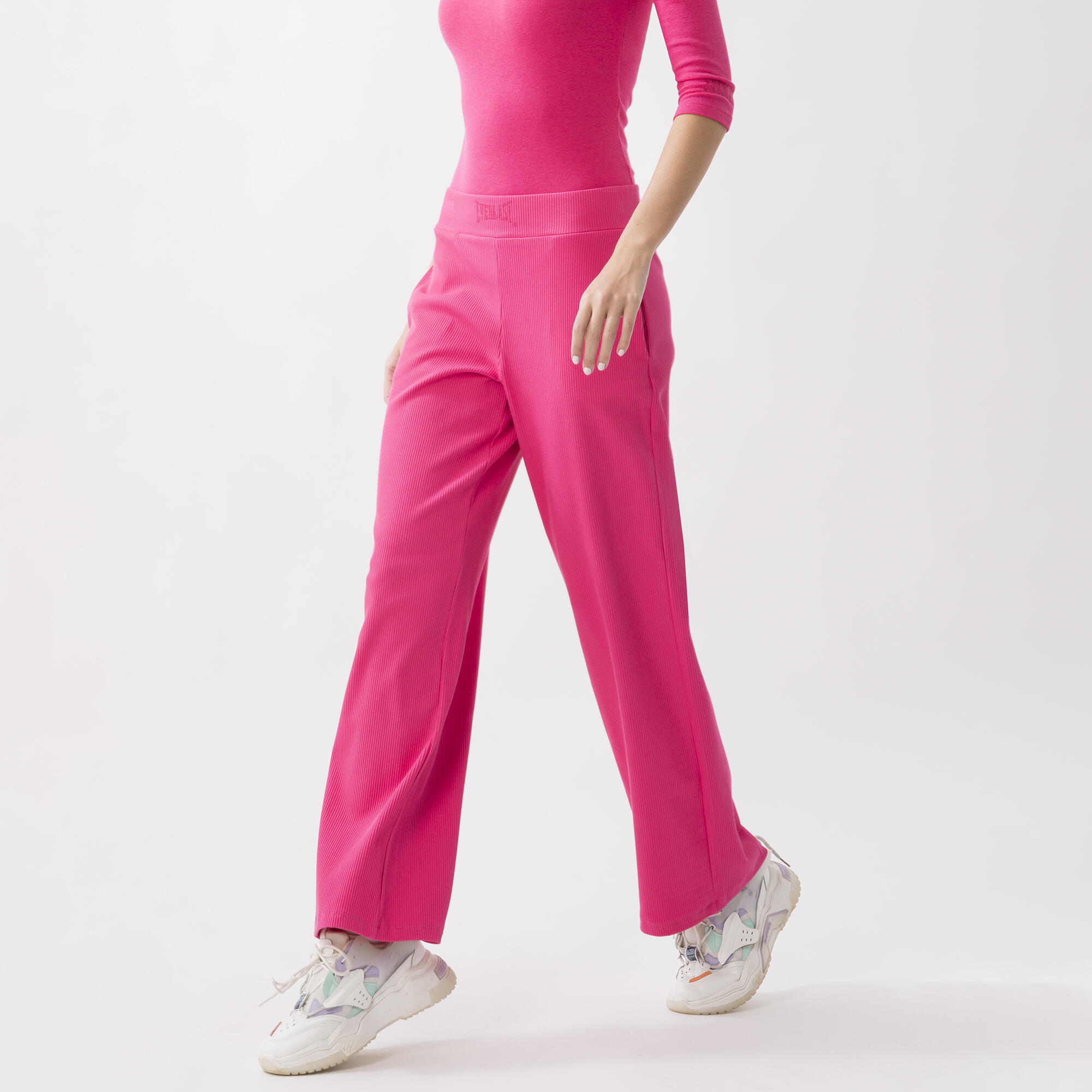 PANTALÓN PALAZZO EN COSTILLAS ELÁSTICAS Rosa fuerte ALGODÓN, ELASTANO 5/6
