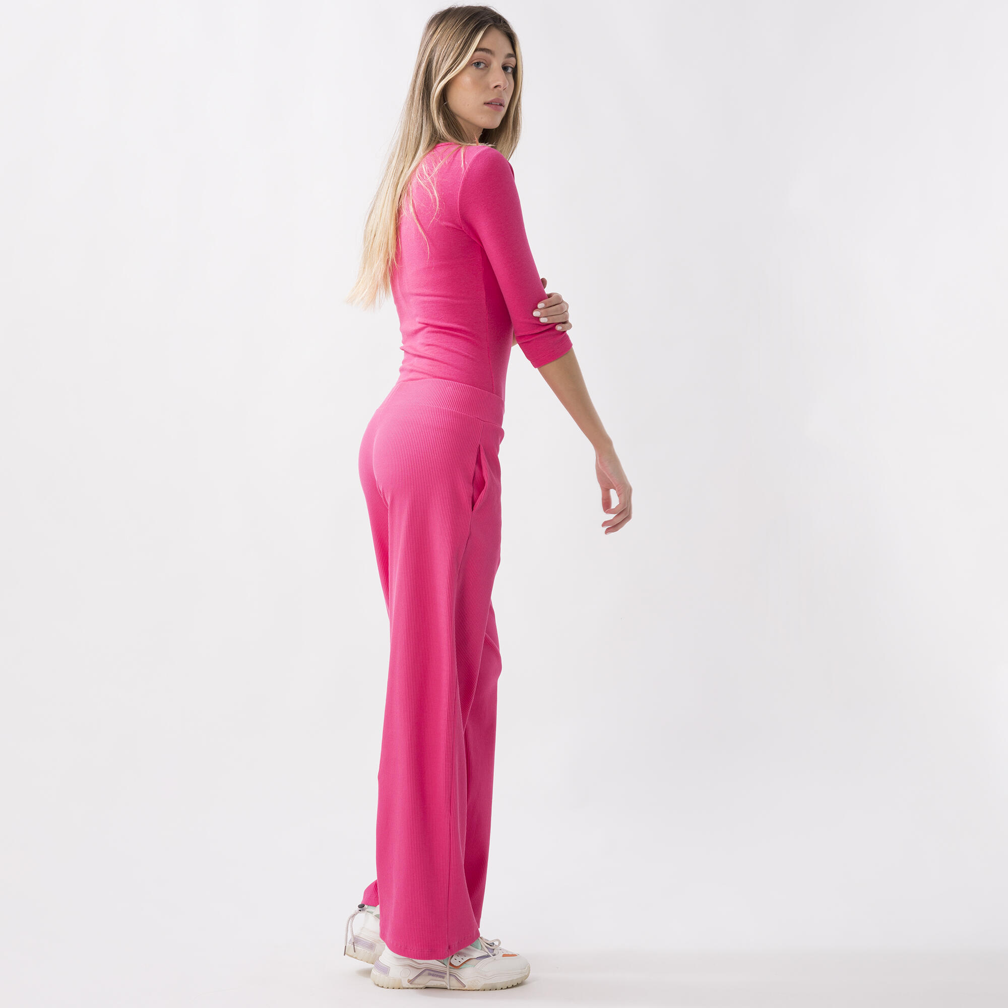PANTALÓN PALAZZO EN COSTILLAS ELÁSTICAS Rosa fuerte ALGODÓN, ELASTANO 4/6