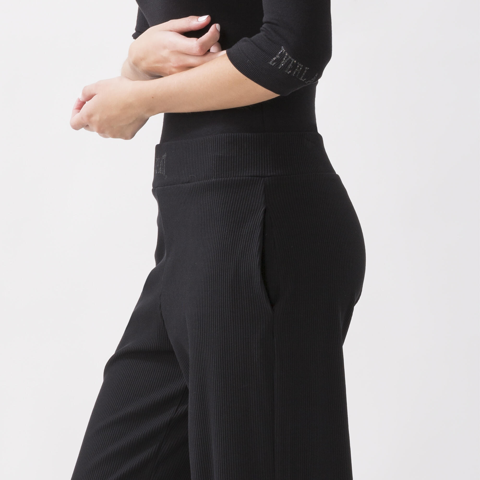 PANTALONE PALAZZO IN COSTINA STRETCH NERO COTONE, ELASTAN 2/6