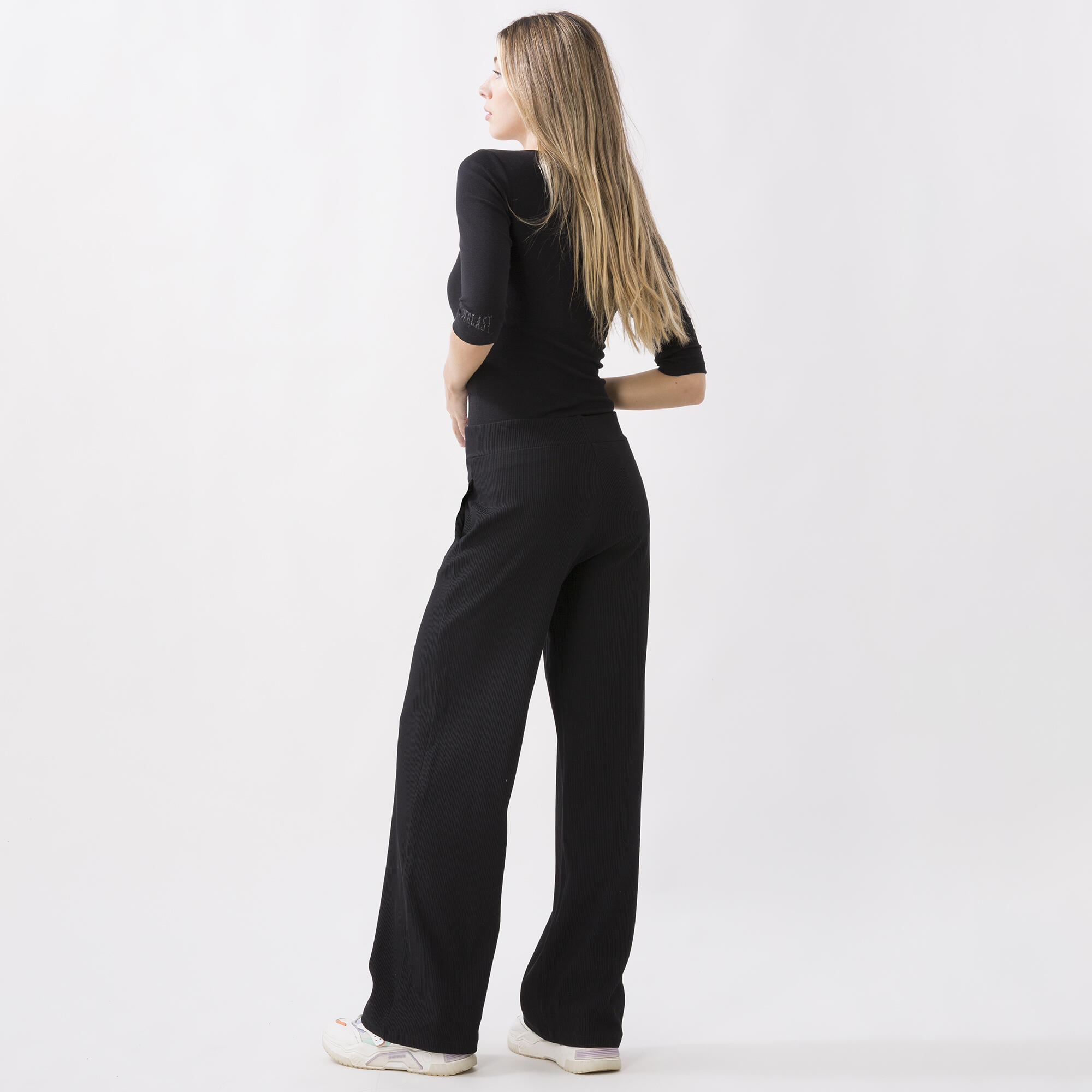 PANTALONE PALAZZO IN COSTINA STRETCH NERO COTONE, ELASTAN 5/6