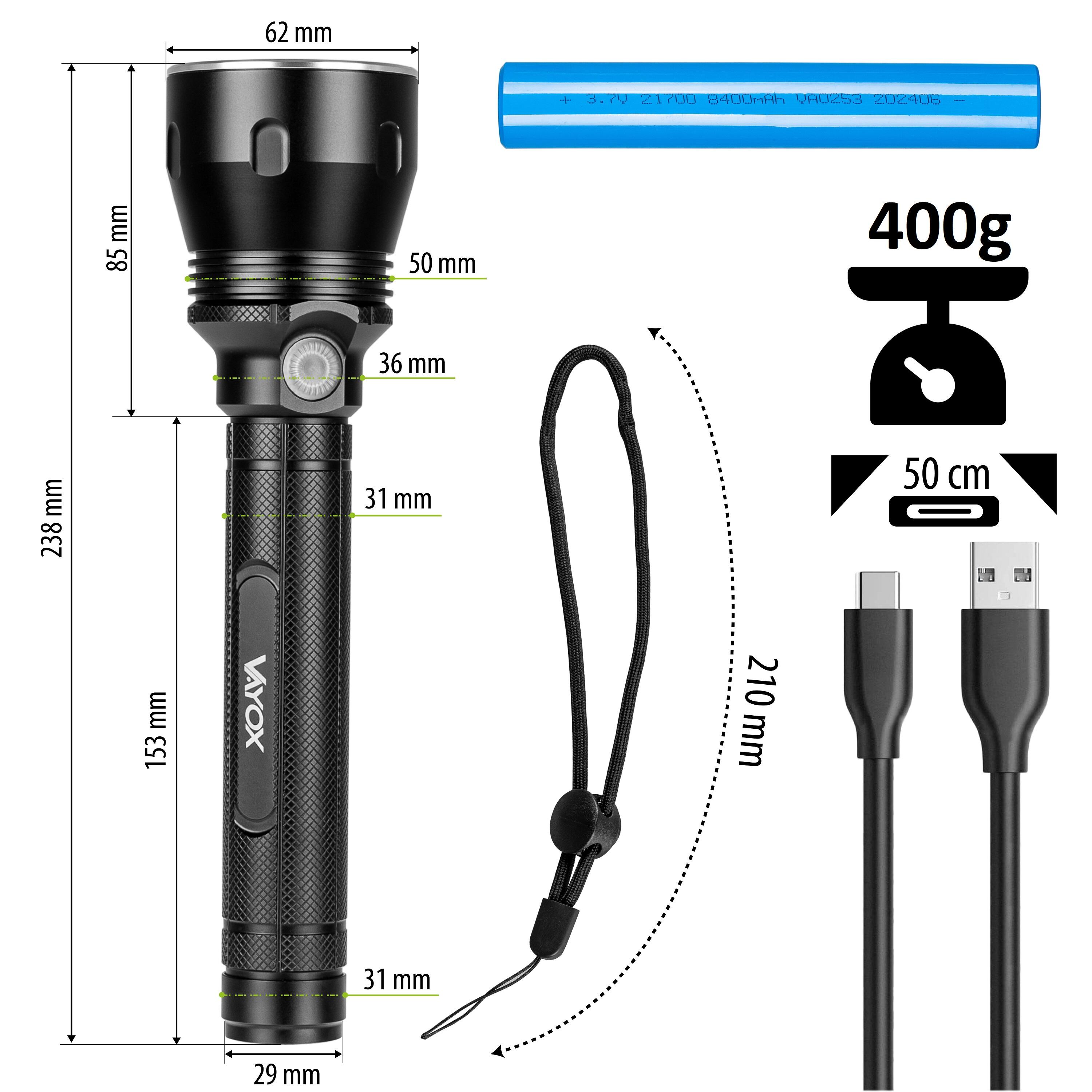 Lanterna manual Vayox VA0253, recarregável, USB-C, SFT40 20W, 1570lm 5/7