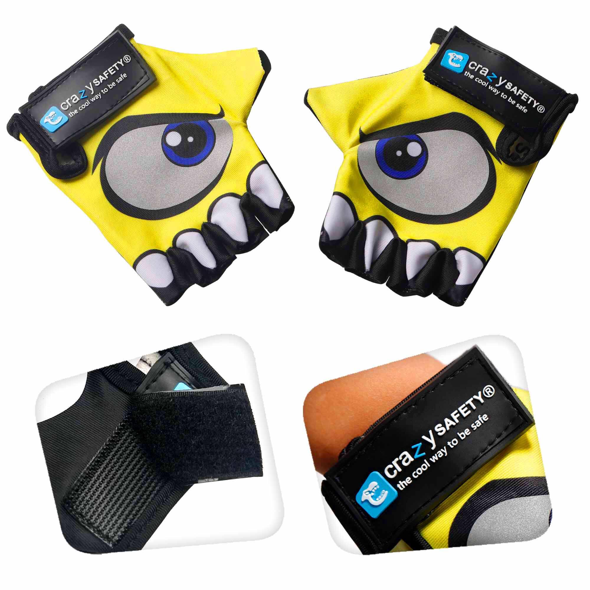 Guantes bicicleta niños | Amarillo | Crazy Safety | Ojos Reflectantes | Talla S 3/6
