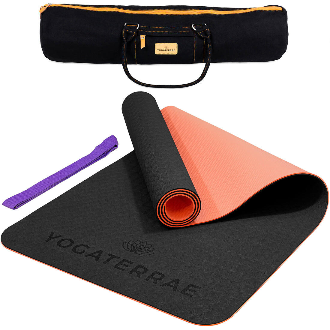 Yogaterrae - Tapis De Yoga Noir Corail En Tpe Avec Sangle Étirements + Sac De Transport Coton - Tapis De Yoga - Noir|orange|rose - 183 Cm - Decathlon