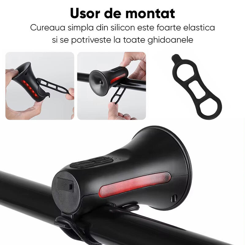 Claxon bicicleta 120 dB cu telecomanda si lumini de avertizare, 5 sunete alarma