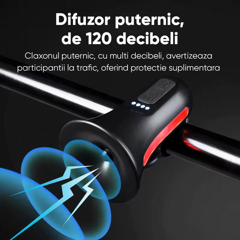 Claxon bicicleta 120 dB cu telecomanda si lumini de avertizare, 5 sunete alarma