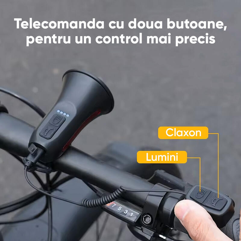Claxon bicicleta 120 dB cu telecomanda si lumini de avertizare, 5 sunete alarma