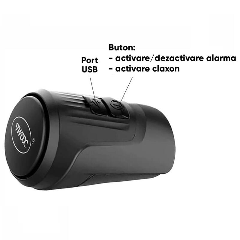 Sonerie bicicleta, alarma antifurt, claxon 125 dB, baterie 200 mAh incarcare USB