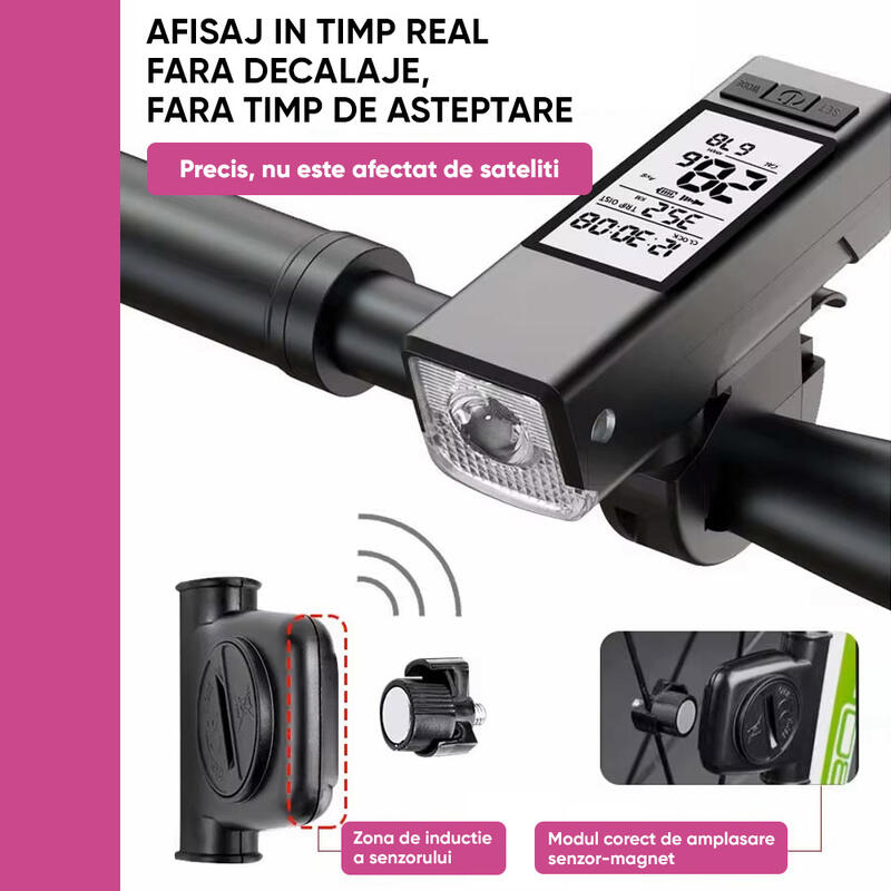 Ciclocomputer bicicleta 3 in 1, wireless, far LED,claxon 120 dB, incarcare USB
