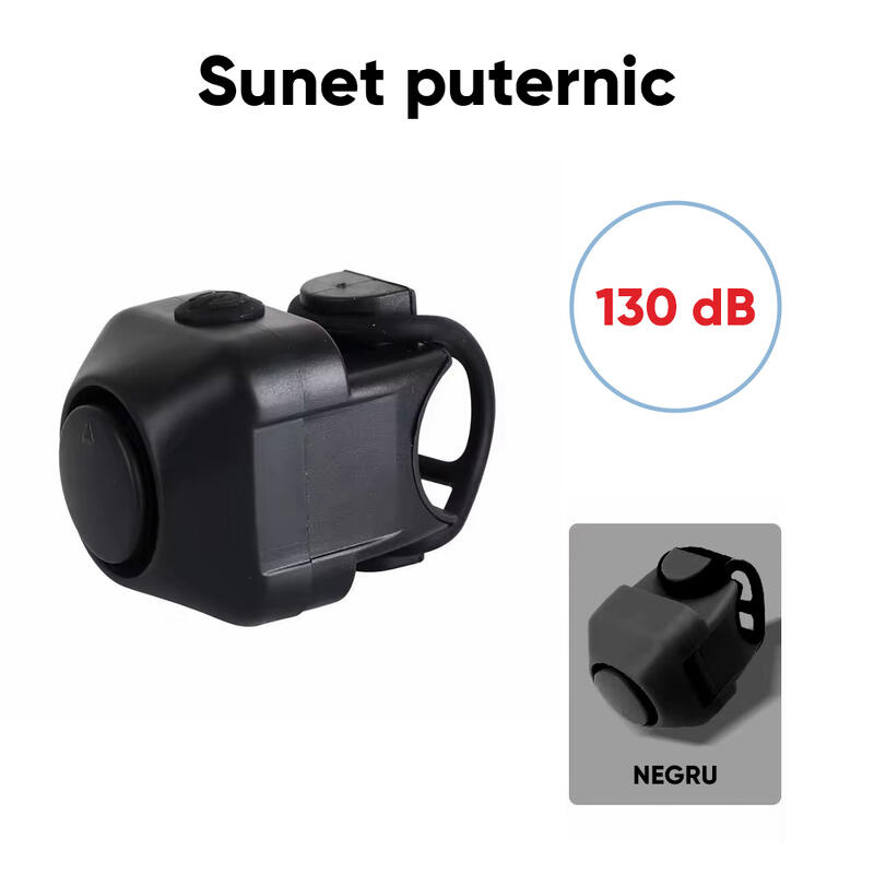 Claxon bicicleta cu baterii, 5 sunete alarma, 130 dB, prindere ghidon, universal