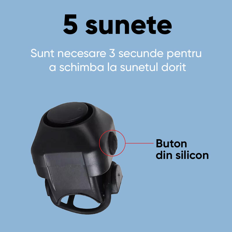 Claxon bicicleta cu baterii, 5 sunete alarma, 130 dB, prindere ghidon, universal