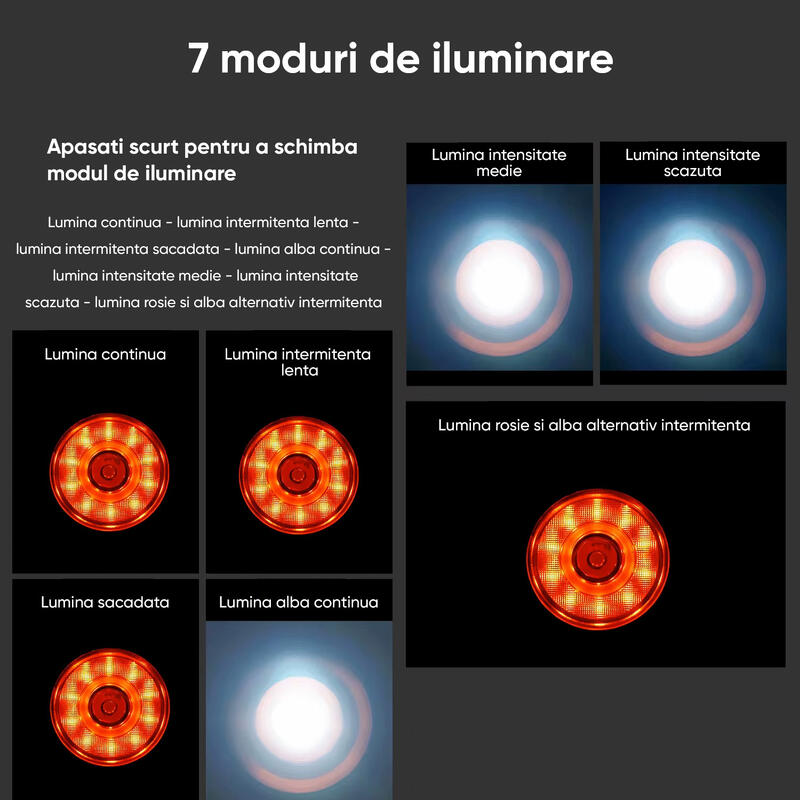 Stop bicicleta spate LED, 7 moduri iluminare, baterie 300 mAh cu incarcare USB