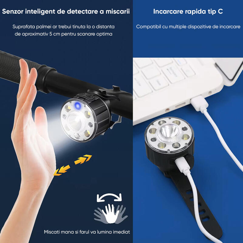 Far bicicleta fata, lanterna LED, senzor miscare, 300 lumeni, baterie 1000 mAh