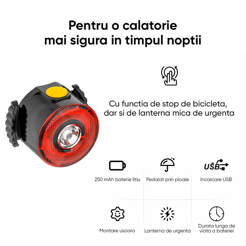 Stop bicicleta spate LED, 7 moduri iluminare, baterie 300 mAh cu incarcare USB