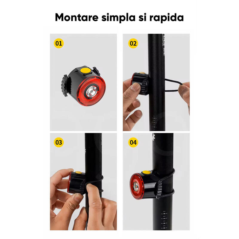 Stop bicicleta spate LED, 7 moduri iluminare, baterie 300 mAh cu incarcare USB