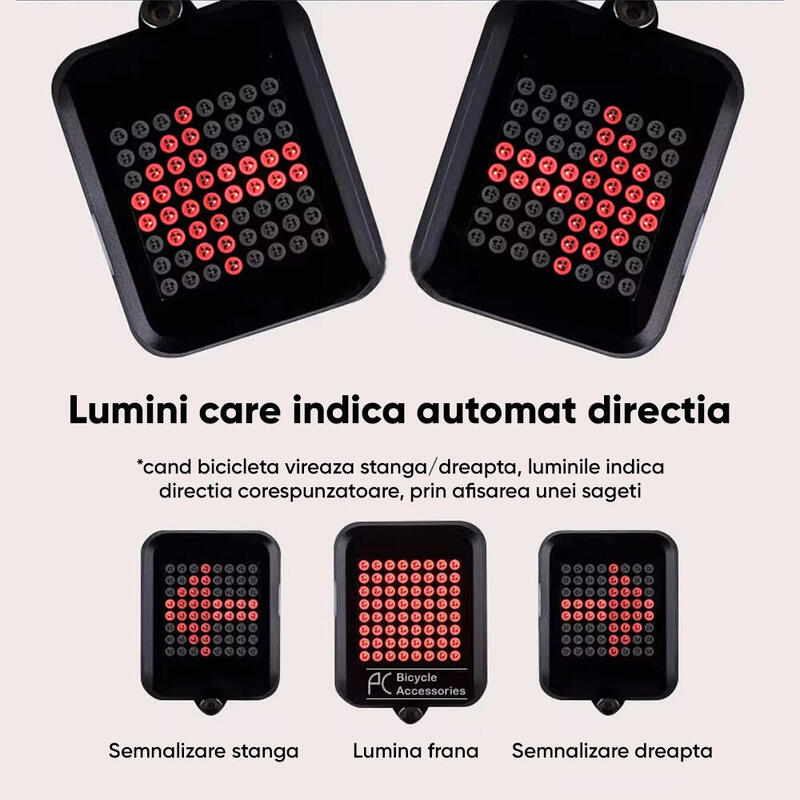 Stop bicicleta spate LED, senzor directie, 8 moduri iluminare, reincarcabil USB