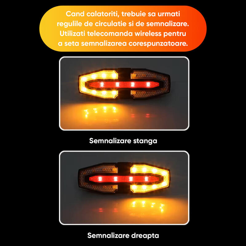 Stop spate bicicleta LED,telecomanda wireless,potrivire universala,incarcare USB