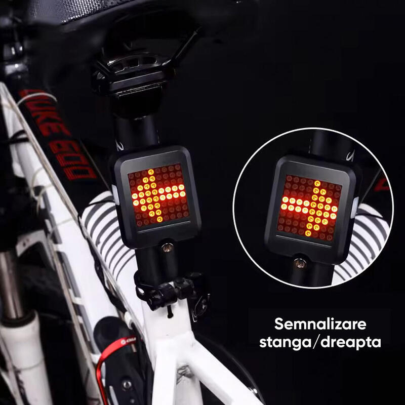 Stop bicicleta spate LED, senzor directie, 8 moduri iluminare, reincarcabil USB