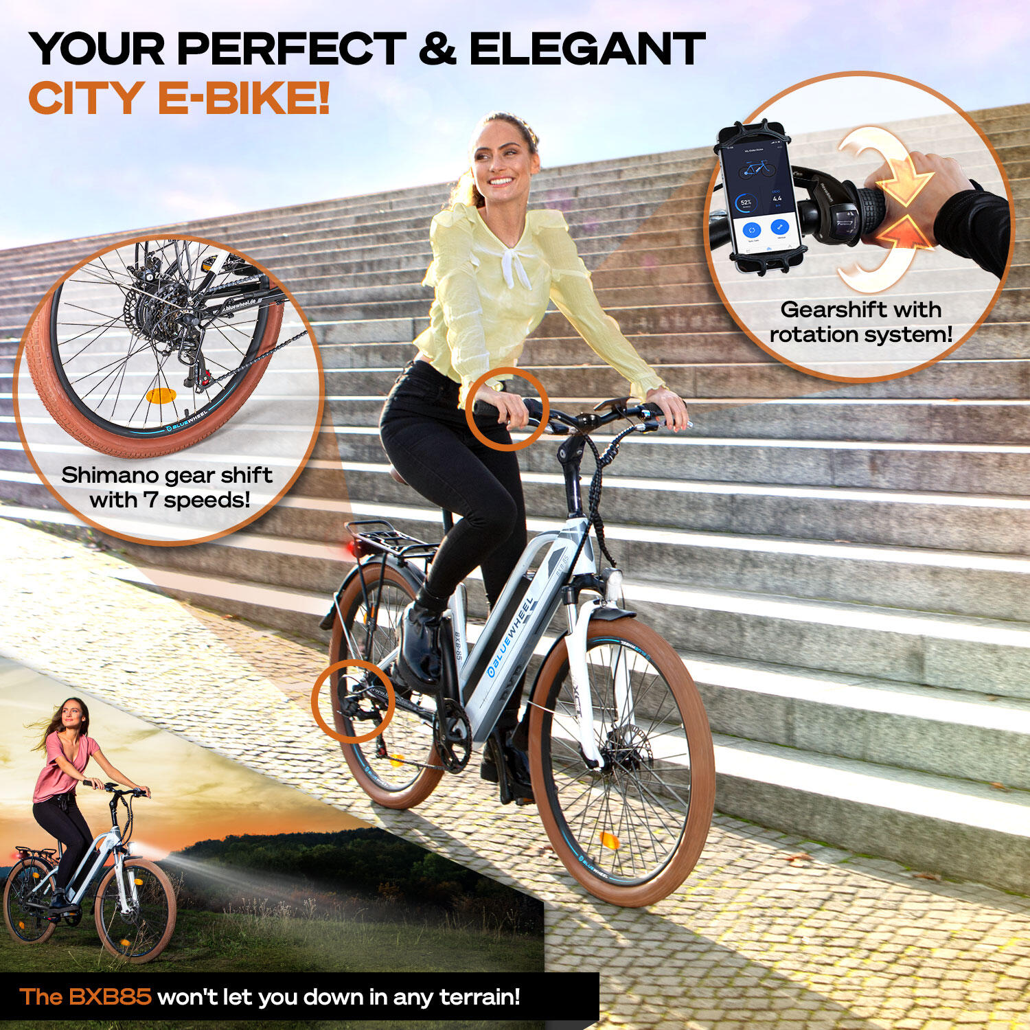 BXB85, 26", innovatives City E-Bike, bis 150 km, Shimano 7 Gänge + 25 km/h 3/8