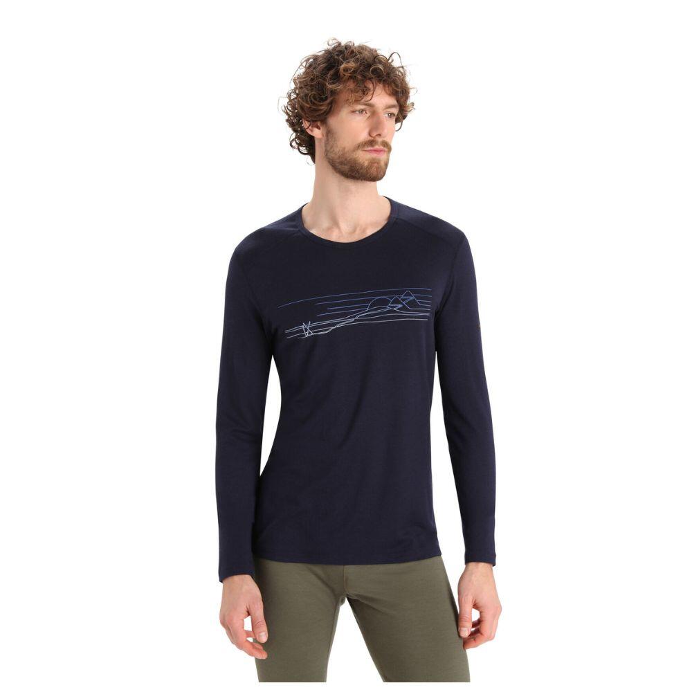 Icebreaker Mens 200 Oasis LS Crewe Ski Stripes - Midnight Navy 1/2