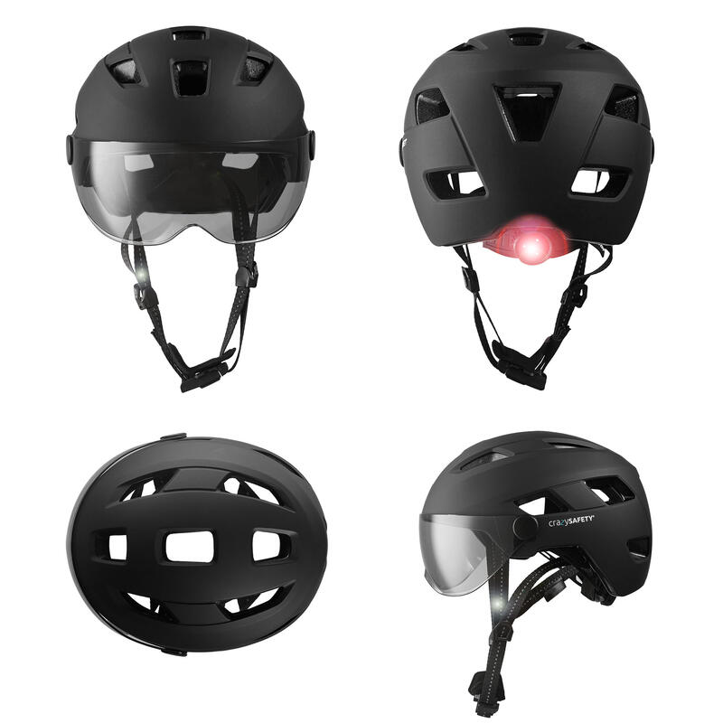 Casque E-bike pour Adultes| Noir, Visière et LED| Crazy Safety| Certifié EN1078