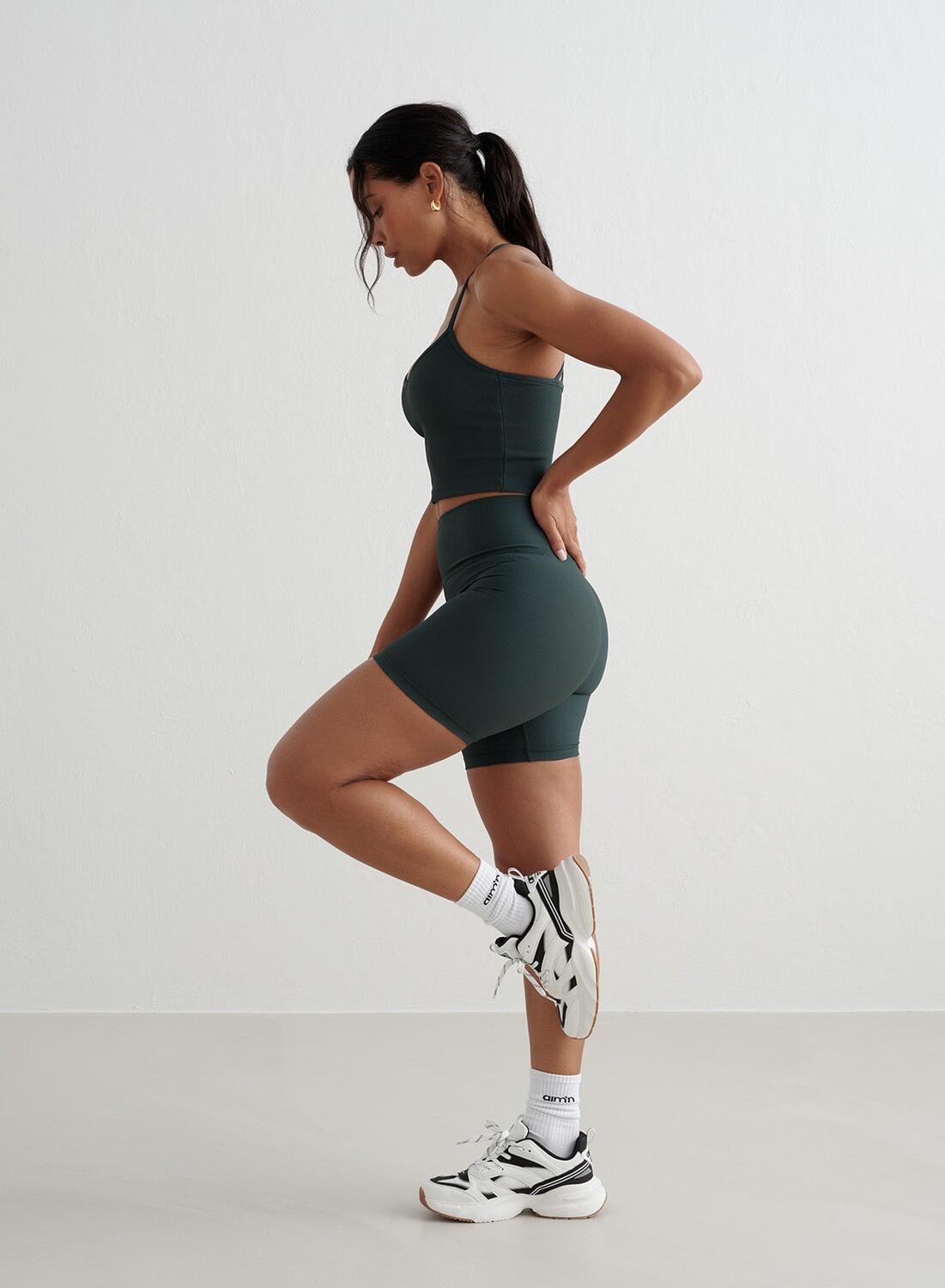 Dames Pilates Short Midi Geribbelde Sneldrogend Donkergroen 6/6