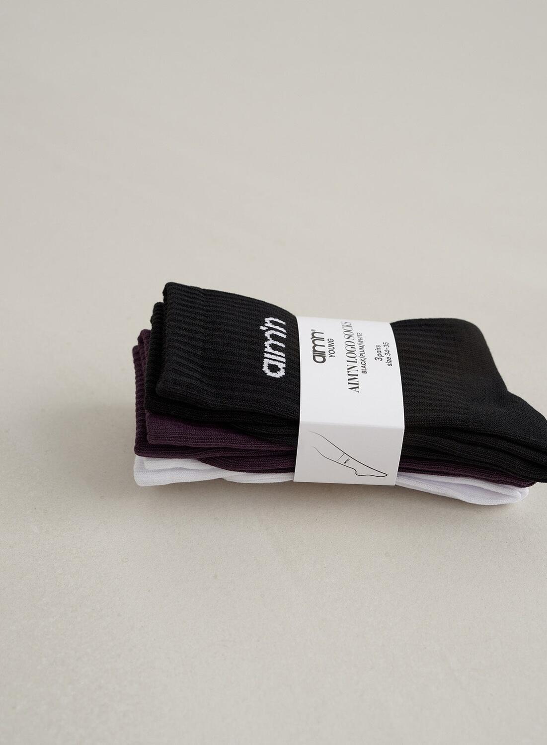 Niña Calcetines Logotipo Pack de 3 Morado Oscuro 4/6