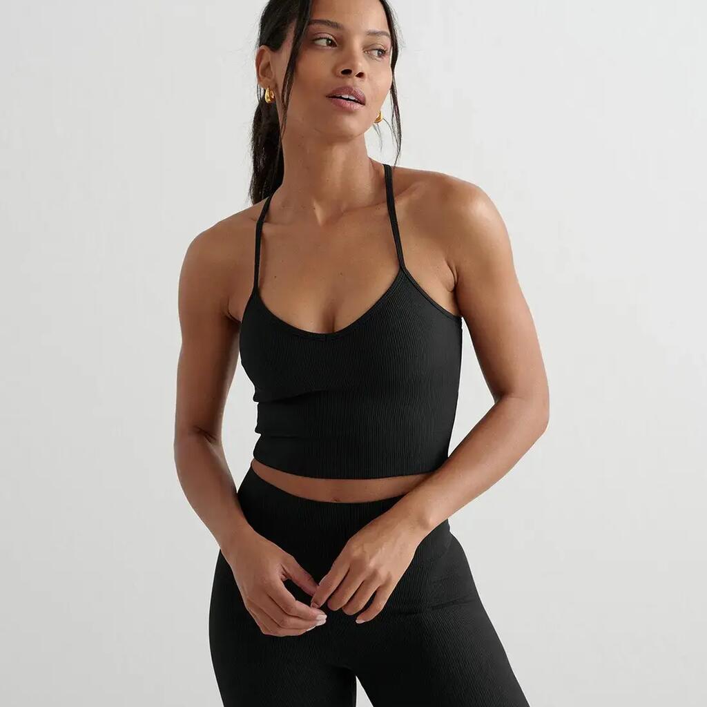 Women's Sports Bra Ribbed Low Support Removable Pads Performance Black