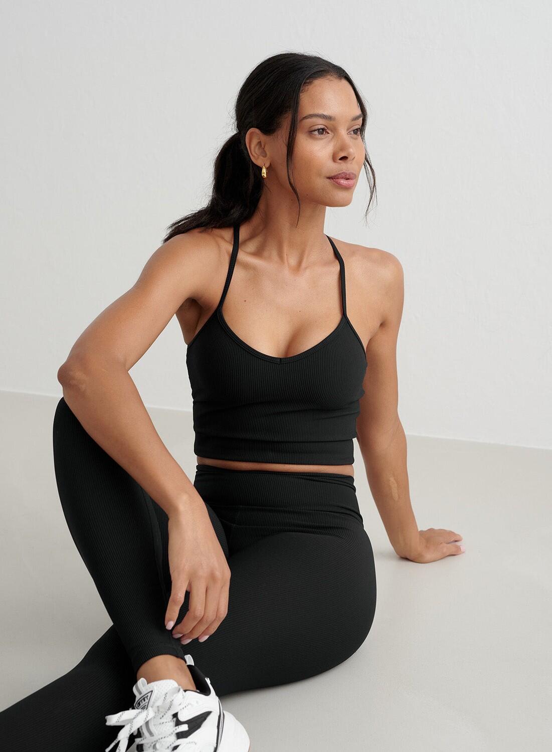 Femme Soutien-gorge de sport Côtelé Séchage Rapide Bralette Noir 3/6