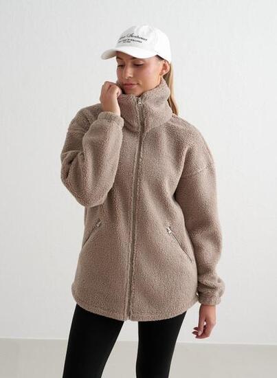 Damen Teddy Jacke Pile Fleece Mandel Weiß