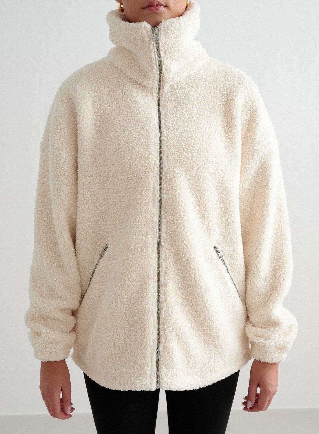 Donna Giacca Teddy in Pile Bianco Mandorla 2/7