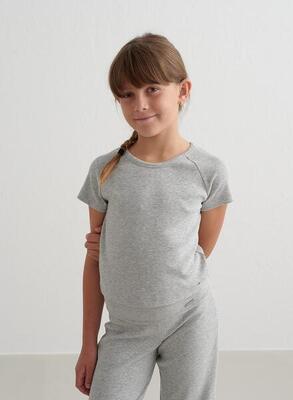 Meisjes yoga shirt met korte mouwen geribbelde lichtgewicht grijs gemêleerd