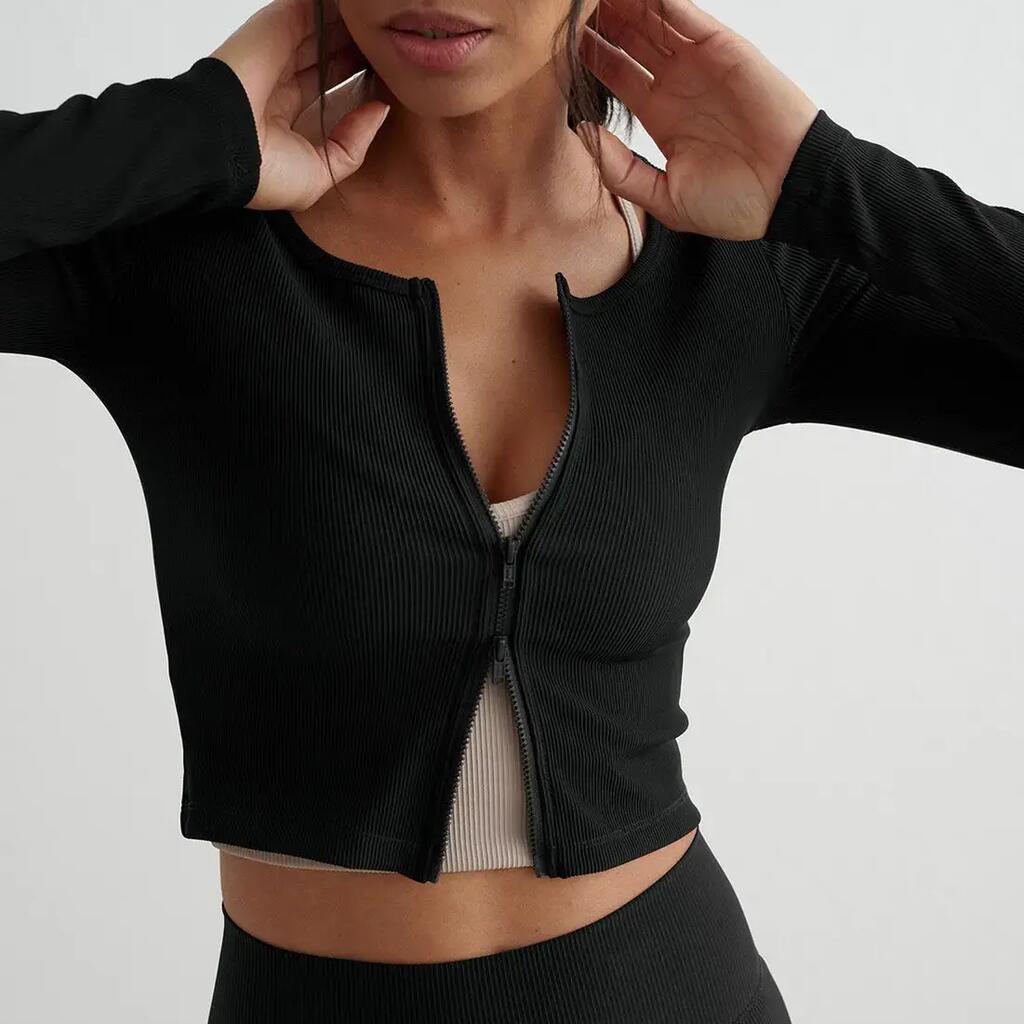 Women's Cardigan Zipped Cropped Ribbed Performance Black