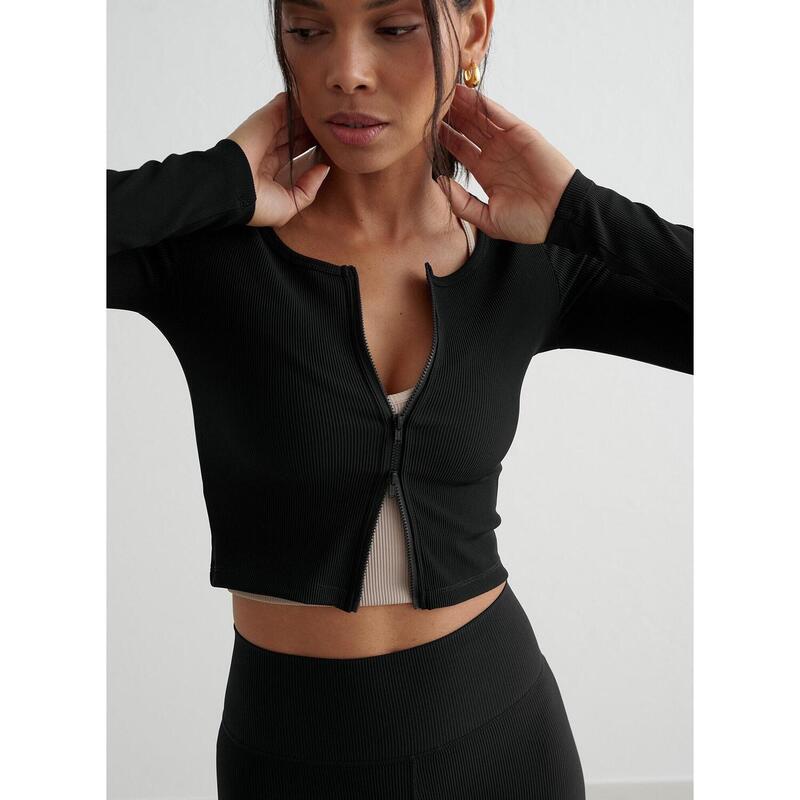 Cardigan de yoga pour femme Côtelé Séchage rapide Noir
