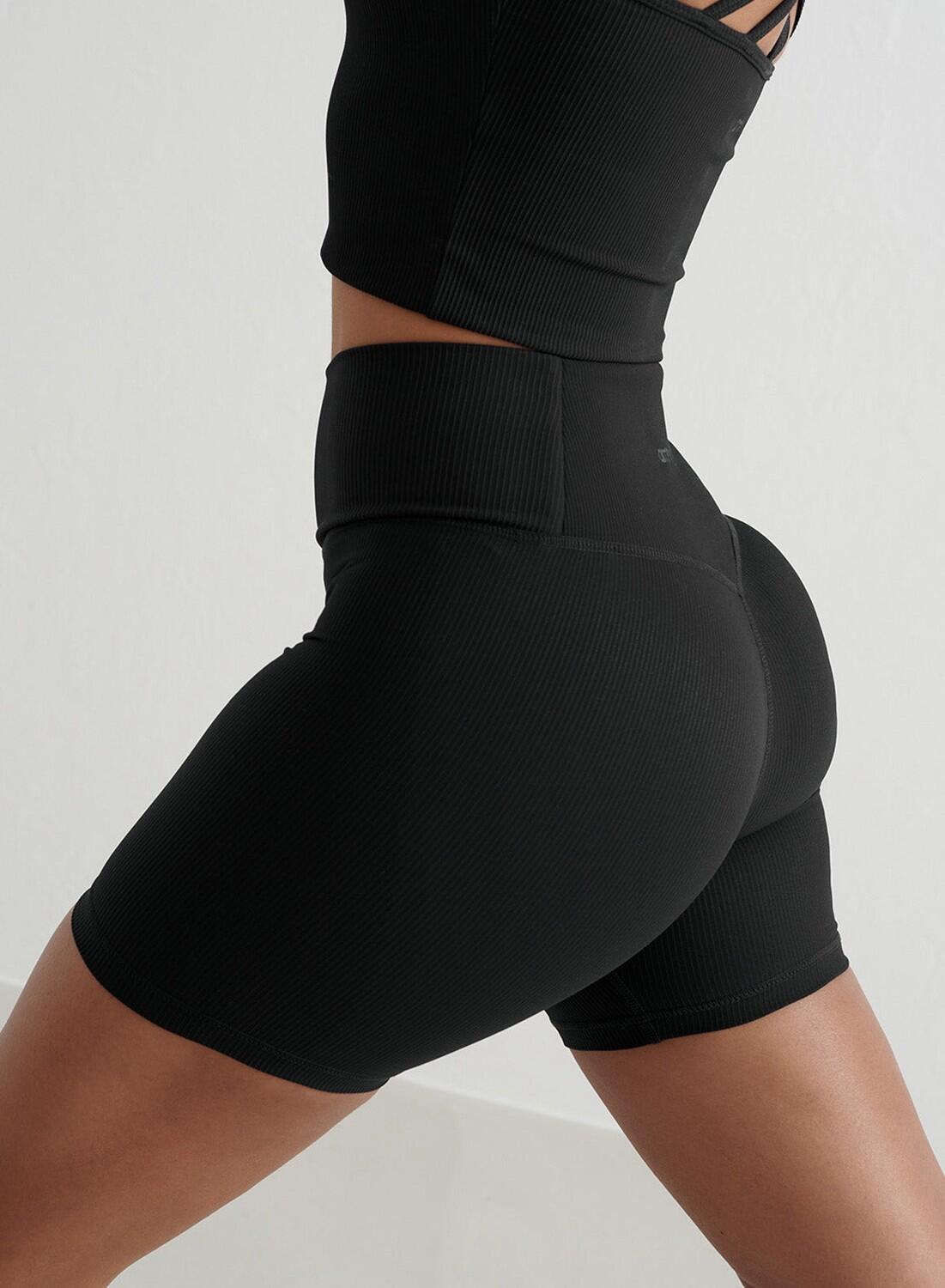 Dames Pilates Short Midi Geribbelde Sneldrogend Zwart 5/6