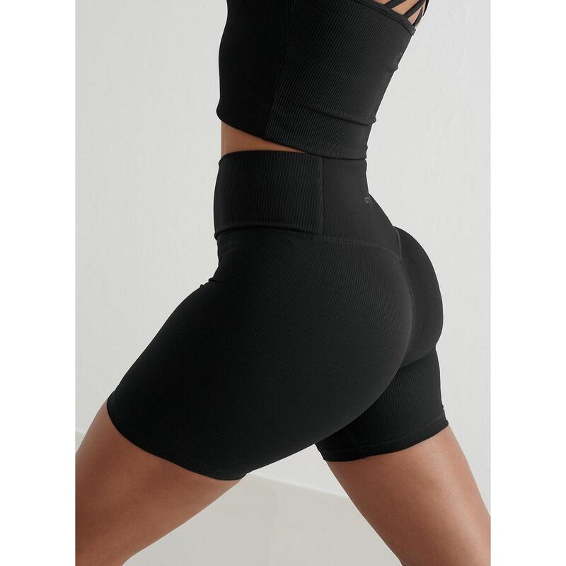 Black Ribbed Performance Midi Biker Shorts