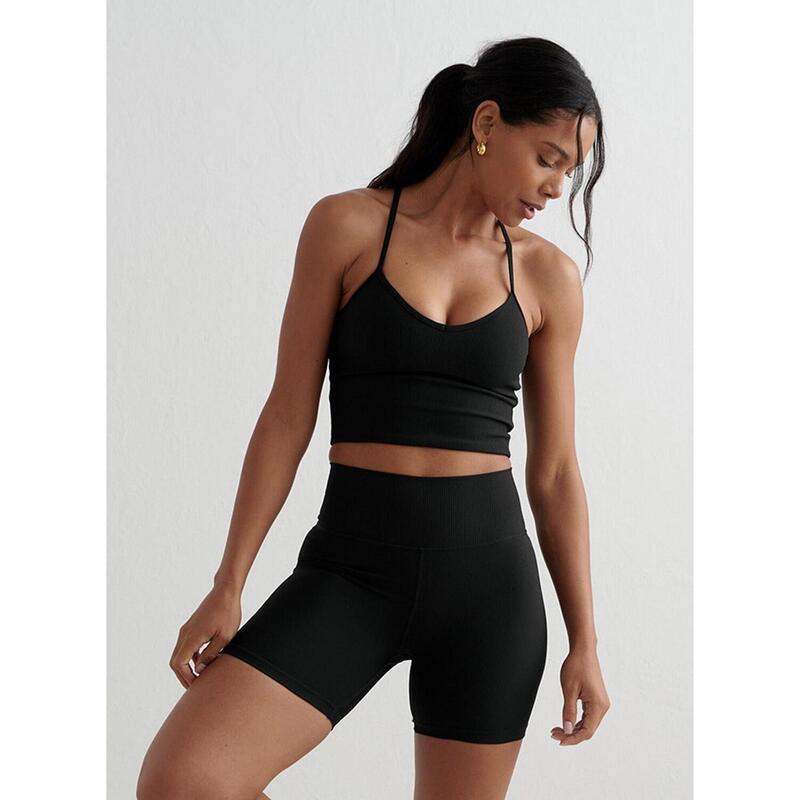 Black Ribbed Performance Midi Biker Shorts