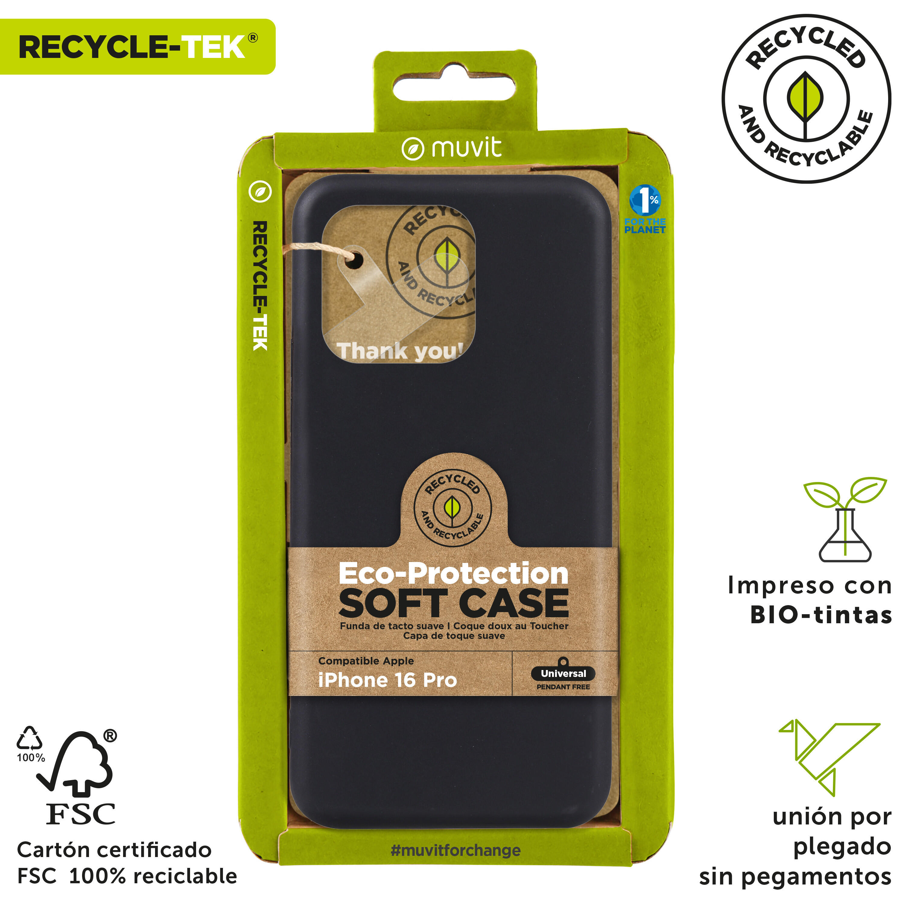 muvit for change funda recycletek compatible con Apple iPhone 16 Pro negra 3/4
