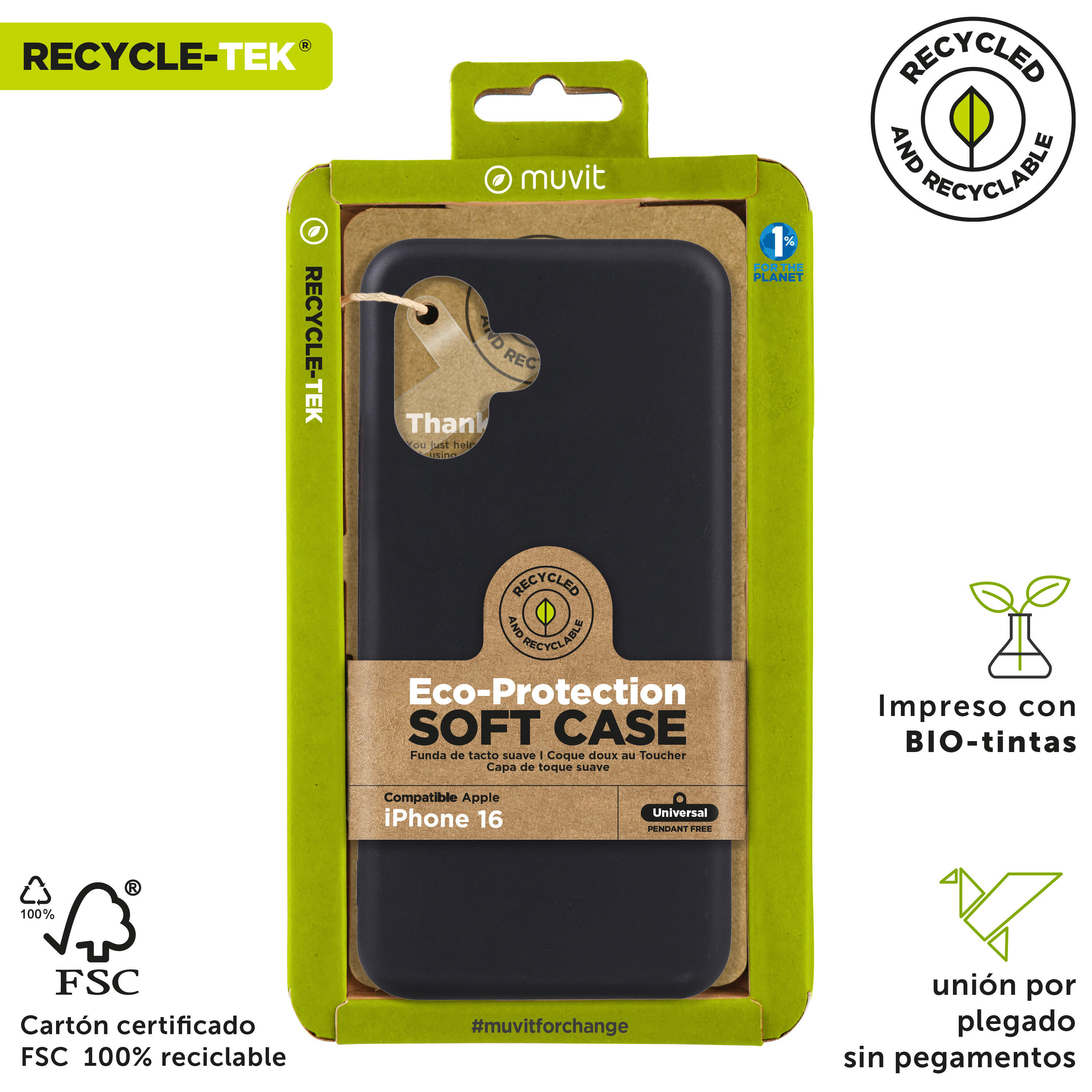 muvit for change funda recycletek compatible con Apple iPhone 16 negra 3/4
