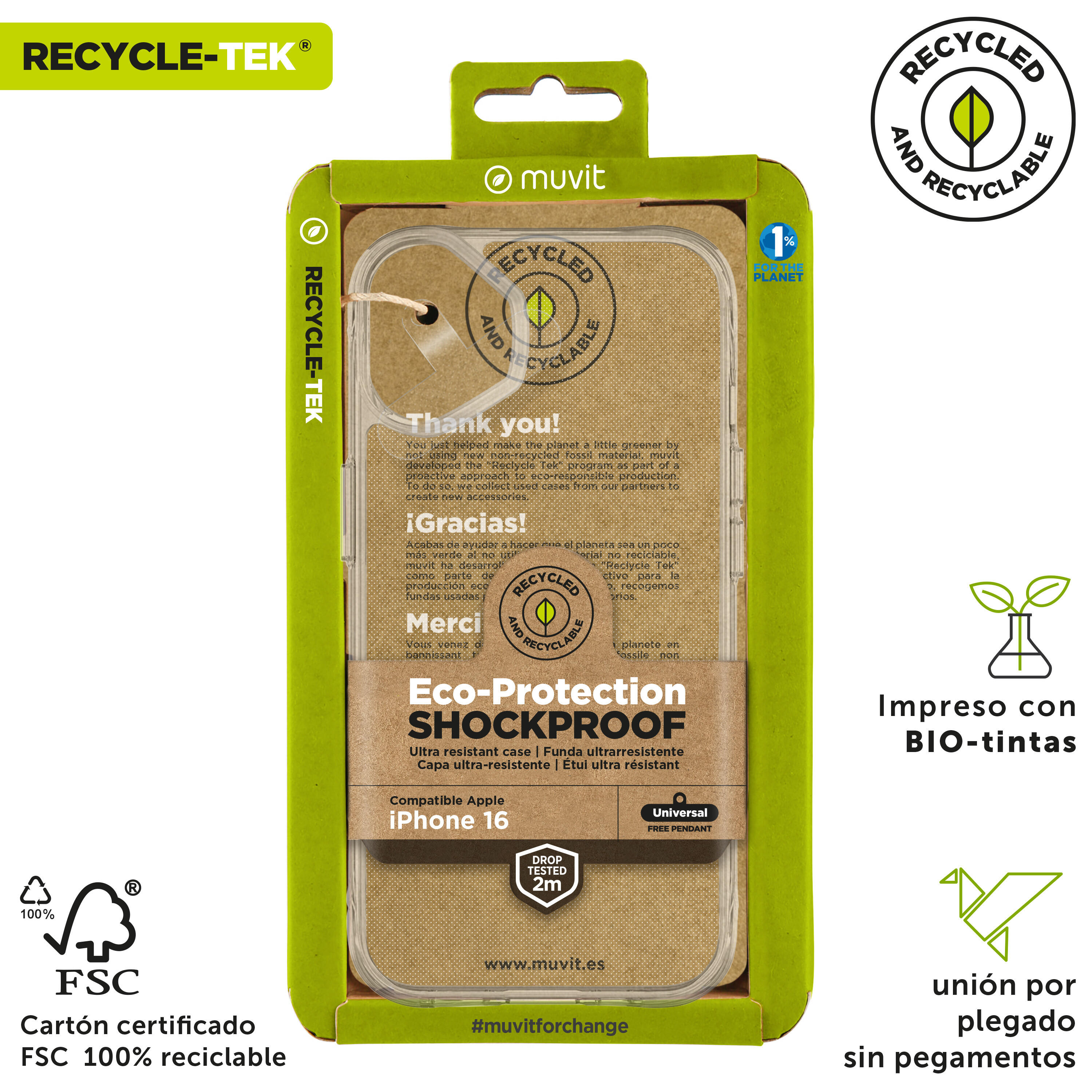 muvit for change funda shockproof 2m compatible con Apple iPhone 16 transparente 3/4