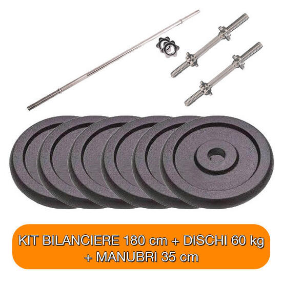 Kit Bilanciere Pesi Manubri 180 cm + coppia 35 cm + 60 kg diametro 25 mm