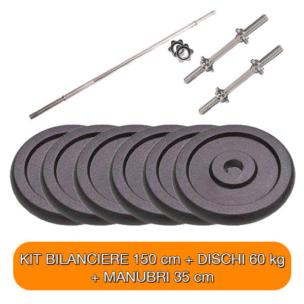 NO BRAND Kit Bilanciere Pesi Manubri 150 cm + coppia 35 cm + 60 kg diametro 25 mm