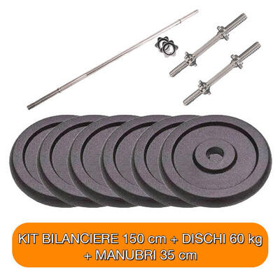 Kit Bilanciere Pesi Manubri 150 cm + coppia 35 cm + 60 kg diametro 25 mm