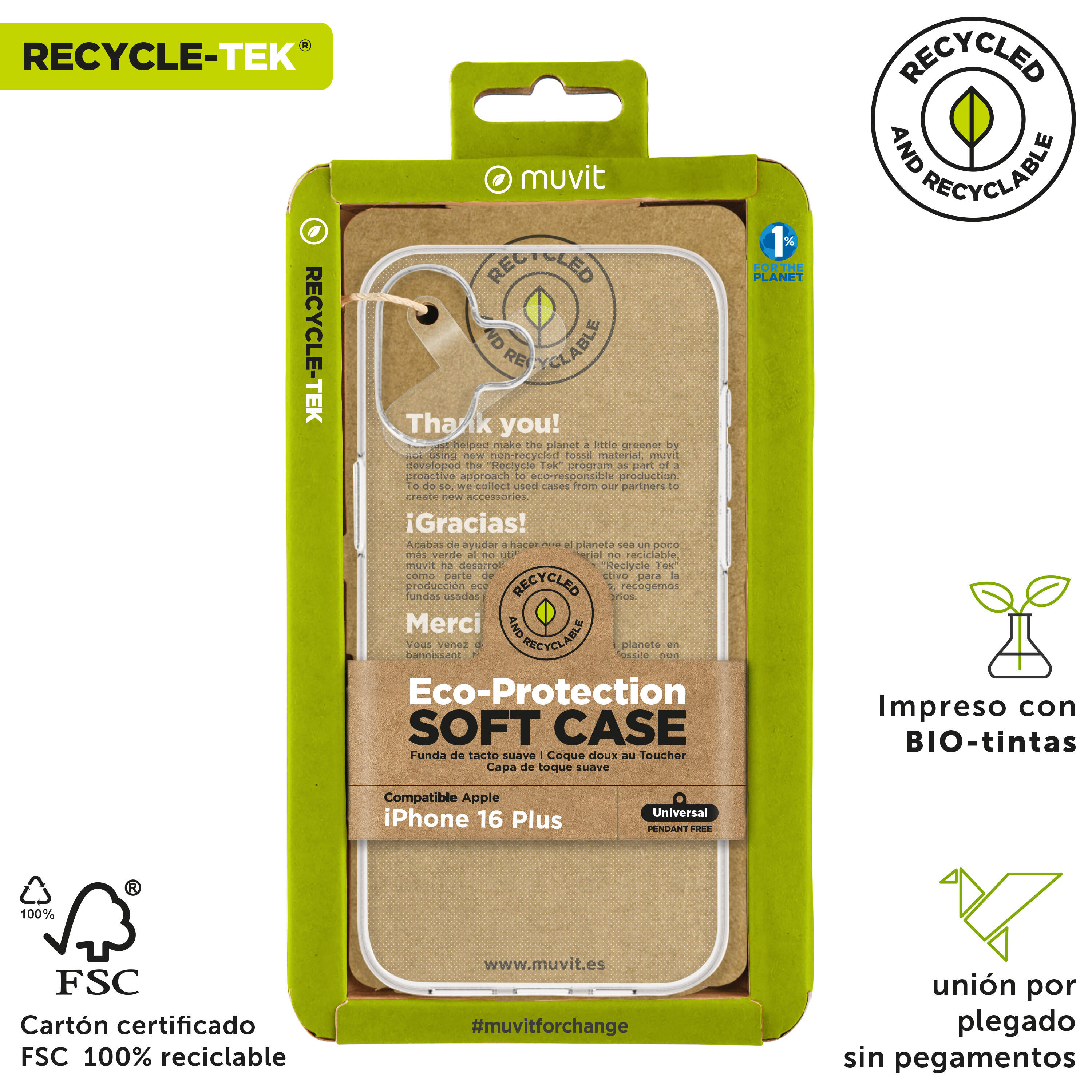 Funda recycletek compatible con Apple iPhone 16 Plus transparente 3/4