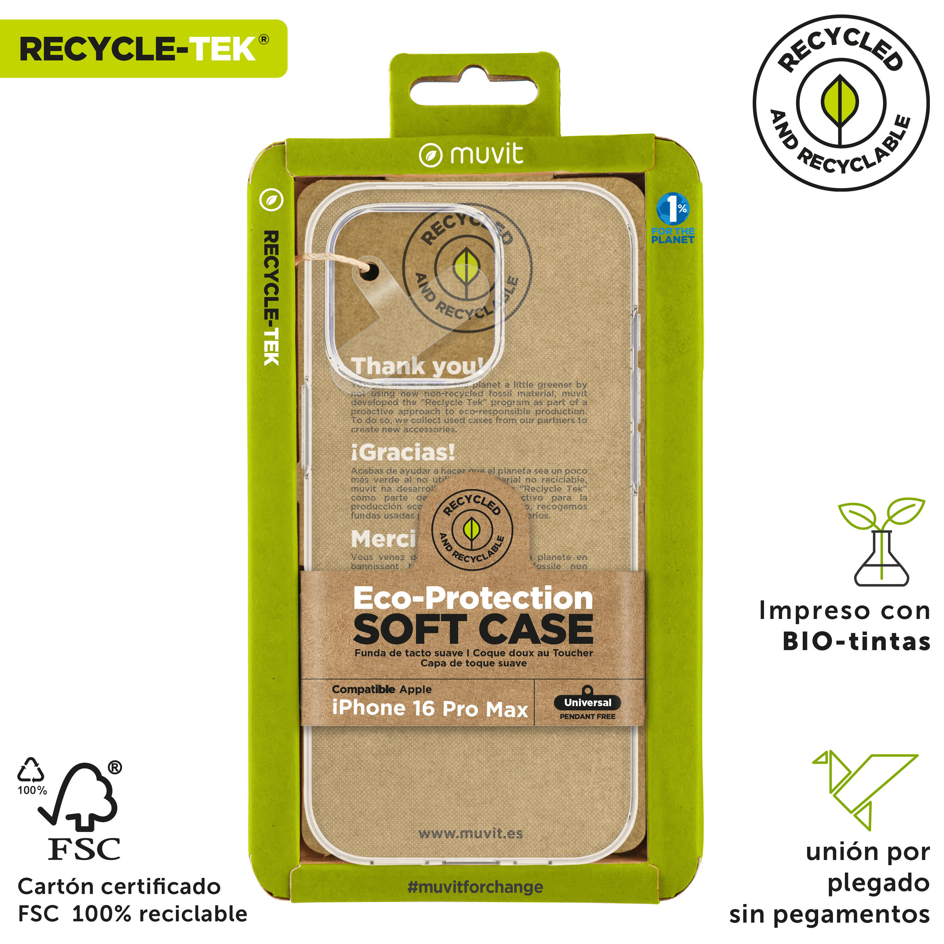 Funda recycletek compatible con Apple iPhone 16 Pro Max transparente 3/4