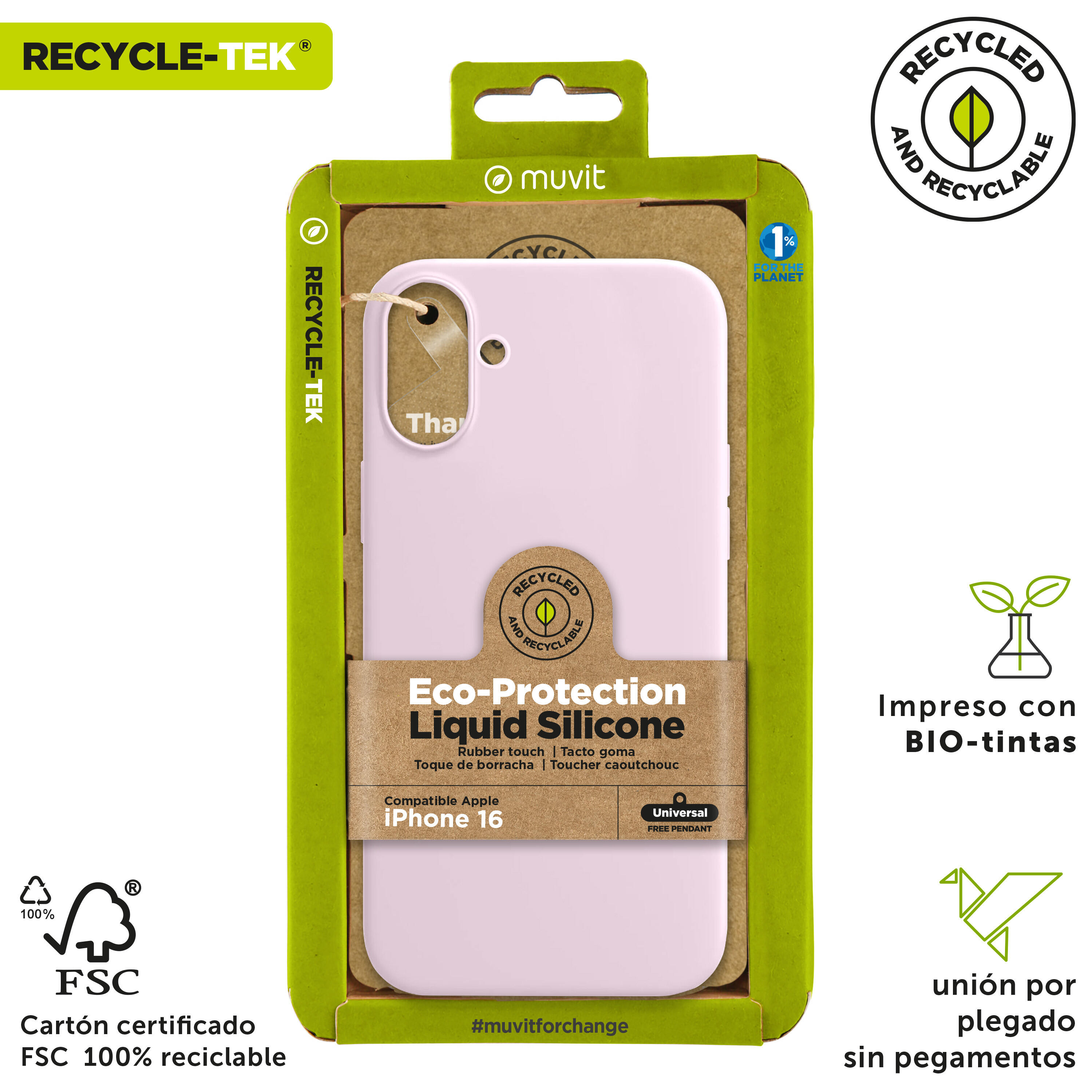 Funda recycletek Liquid Silicone compatible con Apple iPhone 16 rosa 3/4