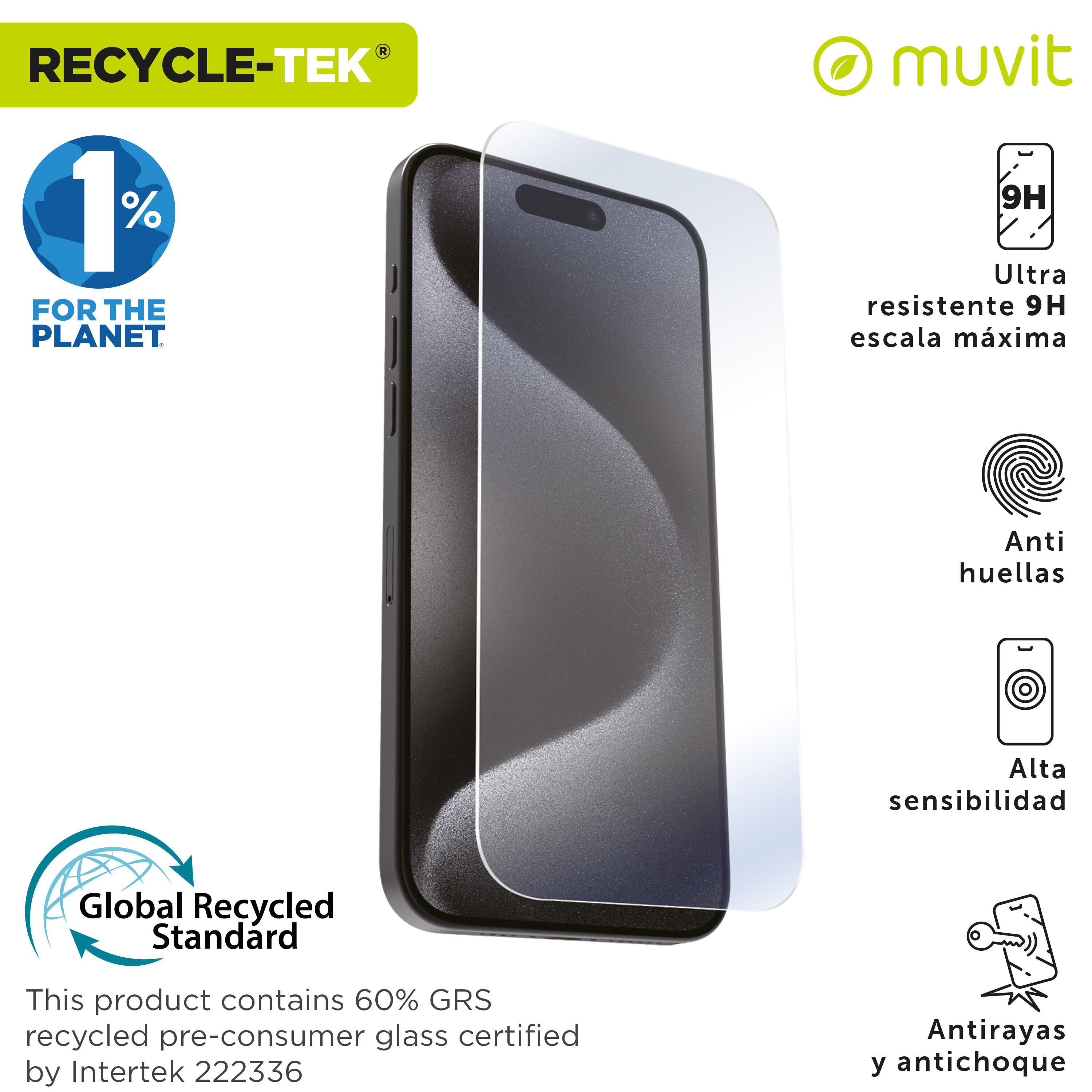 Protector pantalla recycletek compatible con Apple iPhone 16 Pro vidrio templado 2/4