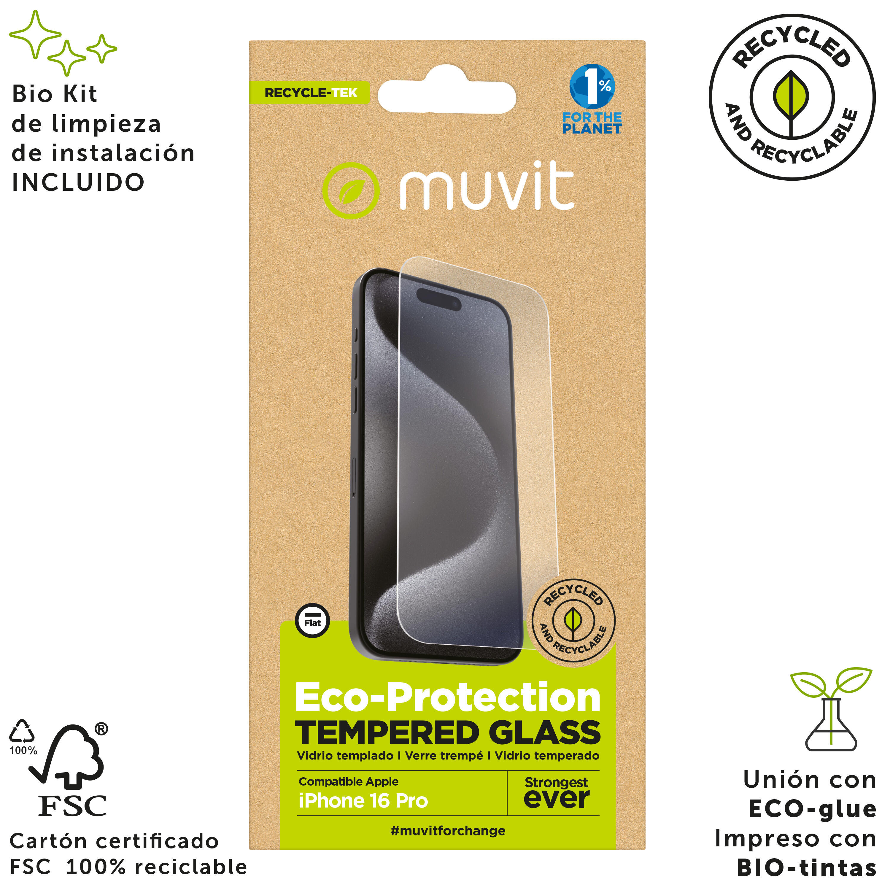 Protector pantalla recycletek compatible con Apple iPhone 16 Pro vidrio templado 4/4