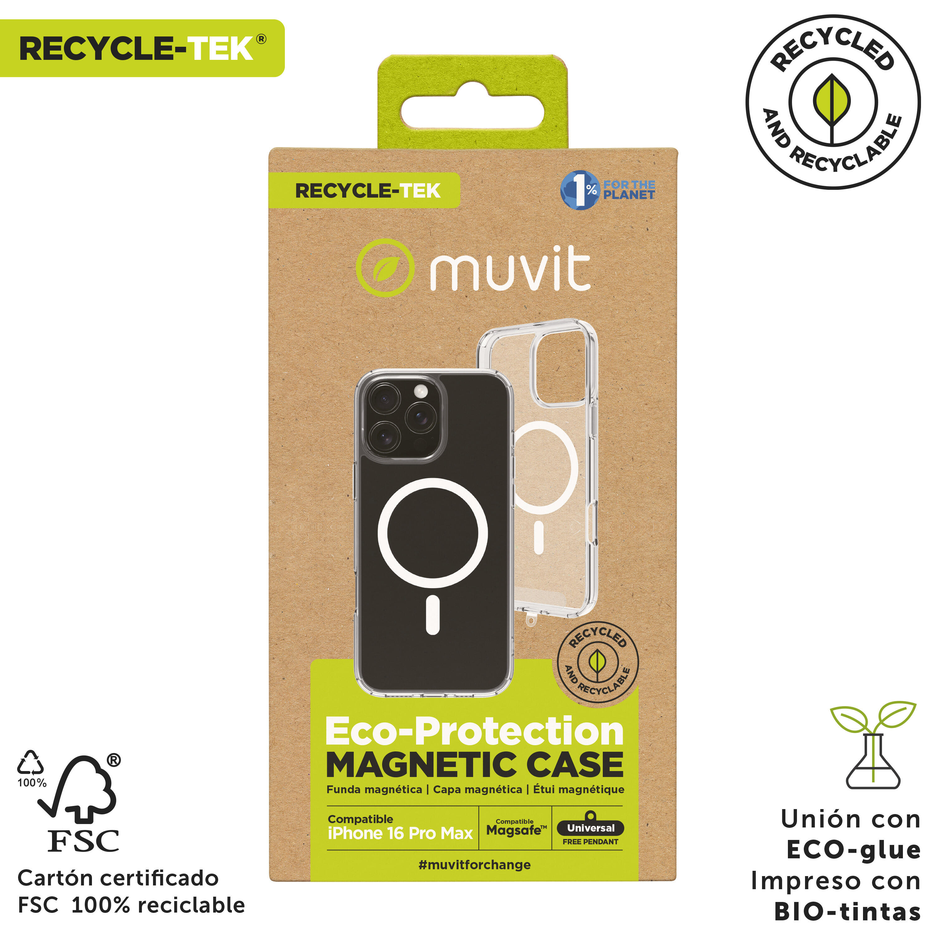 Funda recycletek Magsafe compatible con Apple iPhone 16 Pro Max transparente 3/4