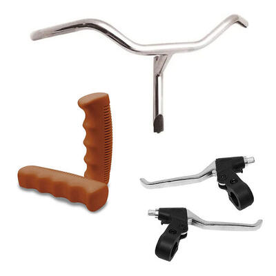 Manubrio Cromato In Acciaio+Coppia Leve Freno + Coppia Manopole Marrone- Bici